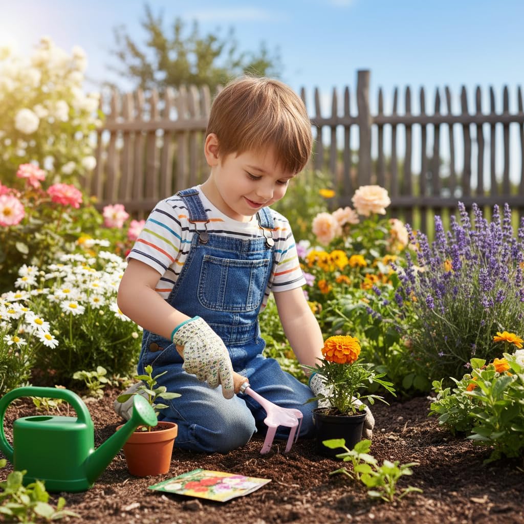 Kids Gardening Tools Set, 4-Piece with Wooden Handles, Leaf Trowels and Fork, Pastel Colors