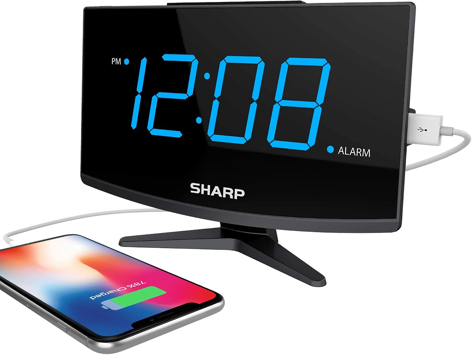 SHARP Digital Alarm Clock - Large Display with High/Low Brightness – Charge Phone with FastCharge 2 Amp Power Port for USB - Modern Design - Jumbo Blue LED Digit Display – Black
