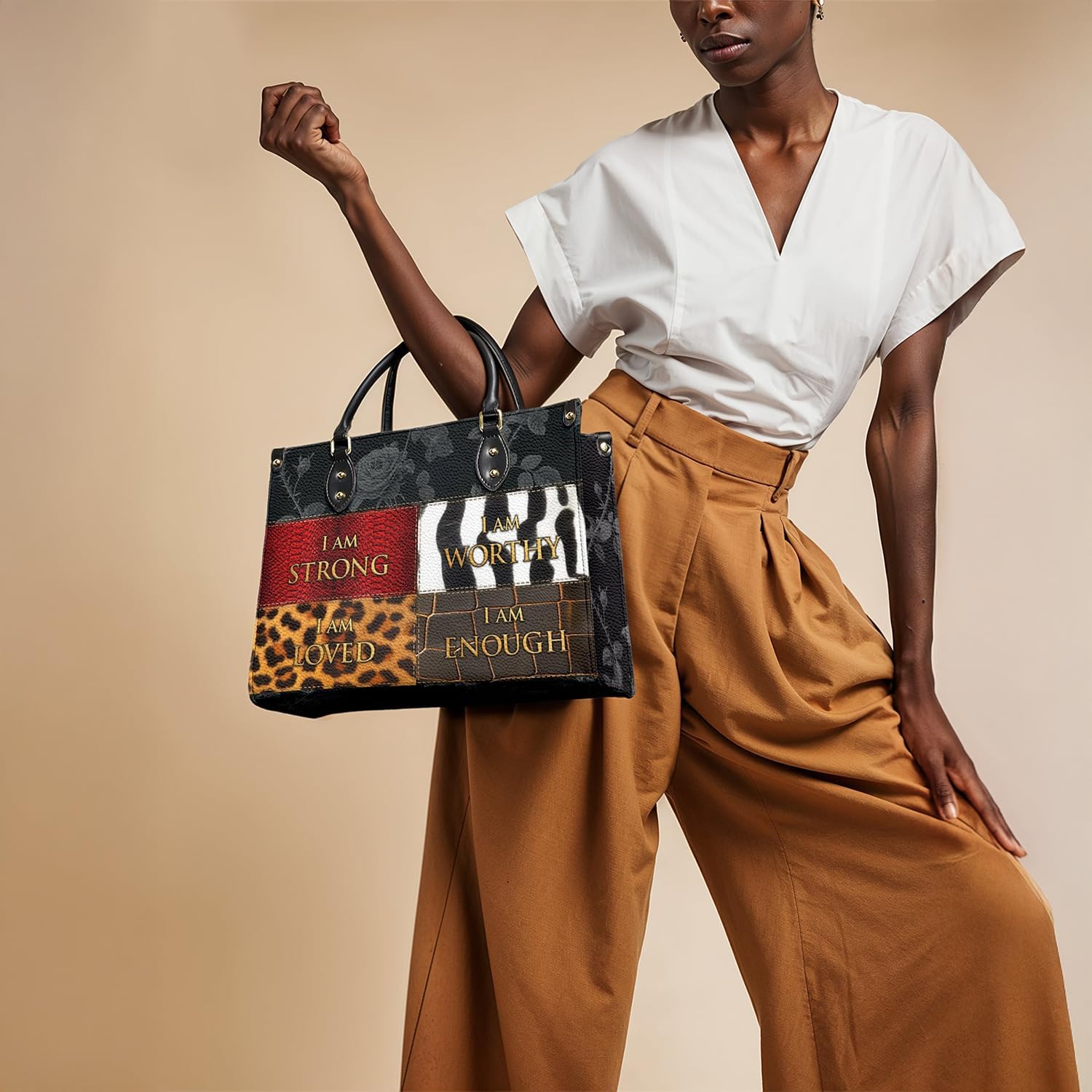 Afroyla African Black Women's Leather Bag, Medium Size, Premium Vegan Leather, Valentine's Day Gifts for Her, Wife, or Mother - Image 12