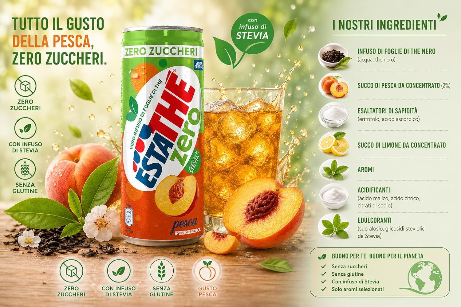 Italian Gourmet Bundle Zuckerfreier Pfirsich-Eistee 48x 330ml + Italian Gourmet Polpa Gratis – Erfrischungsgetränk mit Tee-Aufguss, Pfirsichgeschmack & Stevia-Infusion, glutenfrei 15,84L