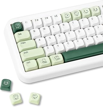 PBT Keycaps 134 Keys, White & Green Cute Keycaps, FOA Profile Dye-Sublimation Little Frog Custom Key Cap Set for 60% 65% 75% 100% Cherry MX Switches Mechanical Keyboard