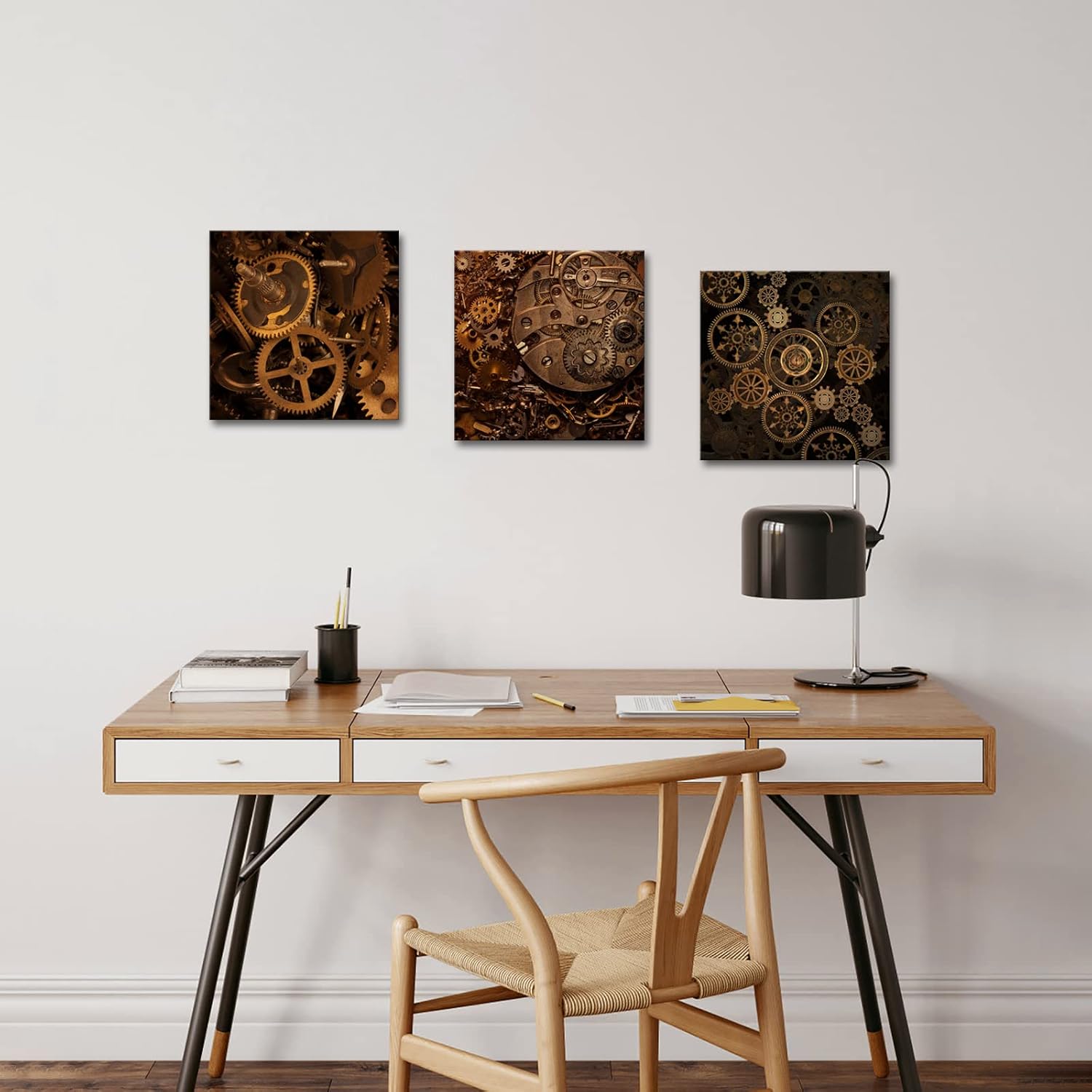 RnnJoile Steampunk Canvas Wall Art Industrial Engines Picture Prints Black Gold Painting for Man Cave Bedroom Wall Decor 12"x12"x3pcs (small)