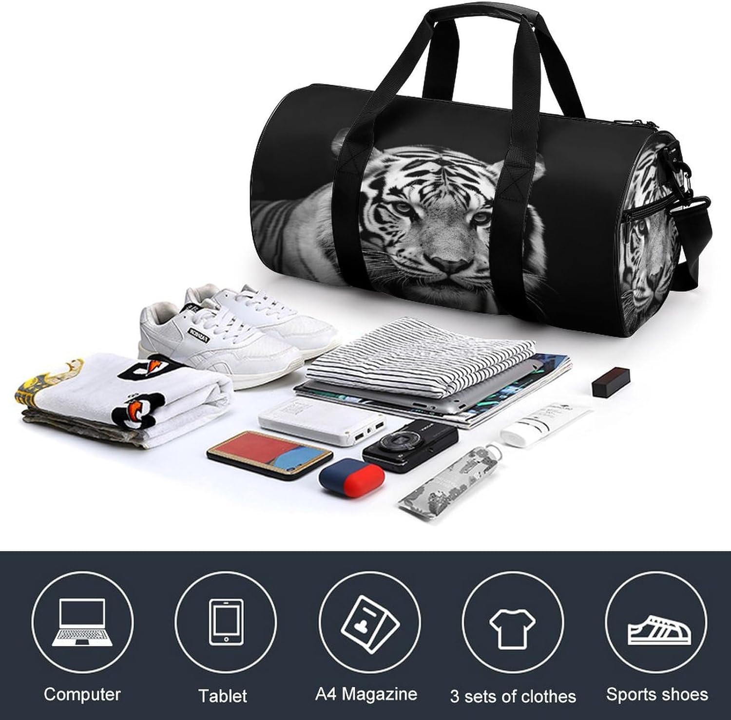 Aesthetic Sports Bag for Women Black And White Tiger Printed Duffle Travel Bag for Men Women Mini Workout Bags Cylindrical Gym Bag