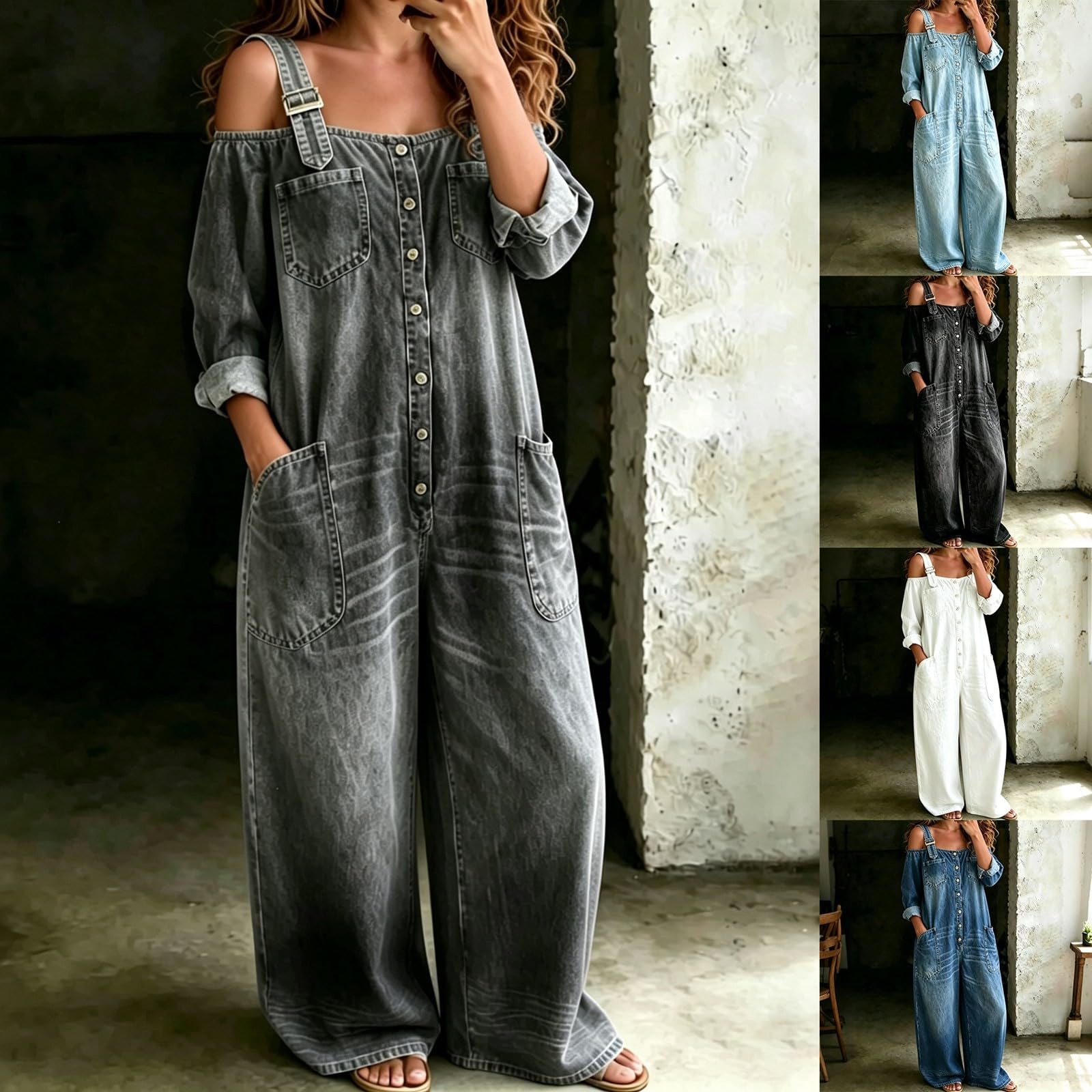 Tuta da donna in jeans a gamba larga, con bretelle scoperte, stile vintage, in denim lavato, monopetto, per feste