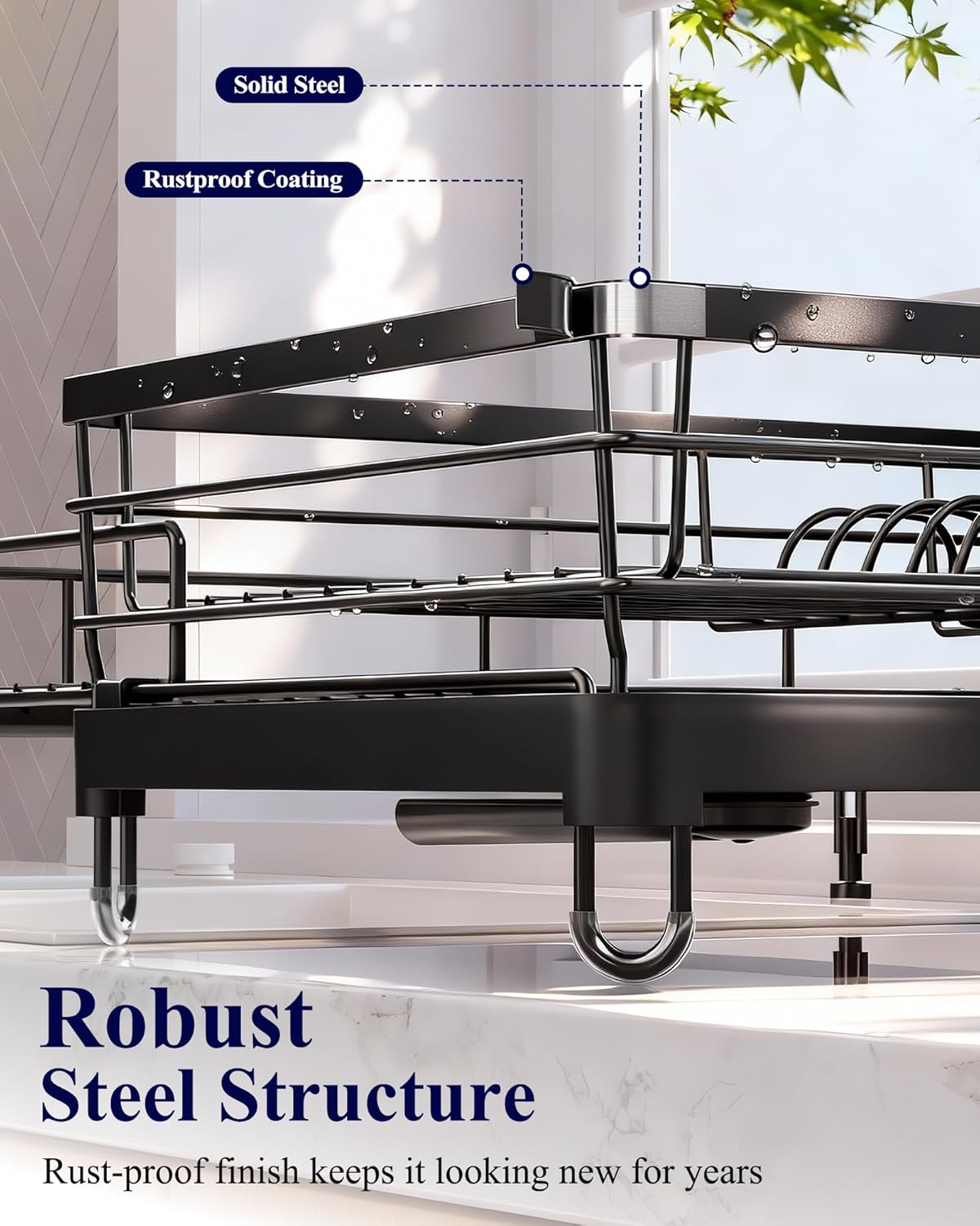 Kitsure Extendable Dish Drying Rack - Rust-Resistant Dish Racks for Kitchen Counter with Adjustable Support Legs, Cutlery Holder & Removable Draining Tray (Black, 15.6''-25.2''L × 16.9''W × 8.1''H)