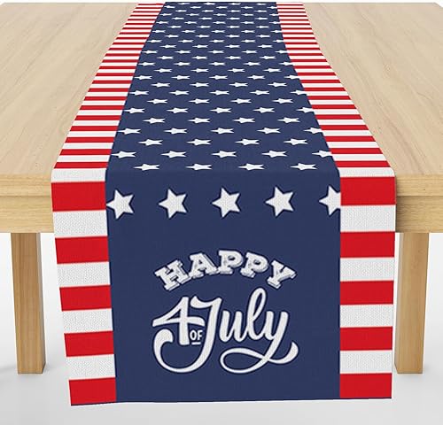 Camino de mesa Happy 4th of July, estrella patriótica de Estados Unidos, rayas azules y rojas, decoración de mesa de comedor para decoración de
