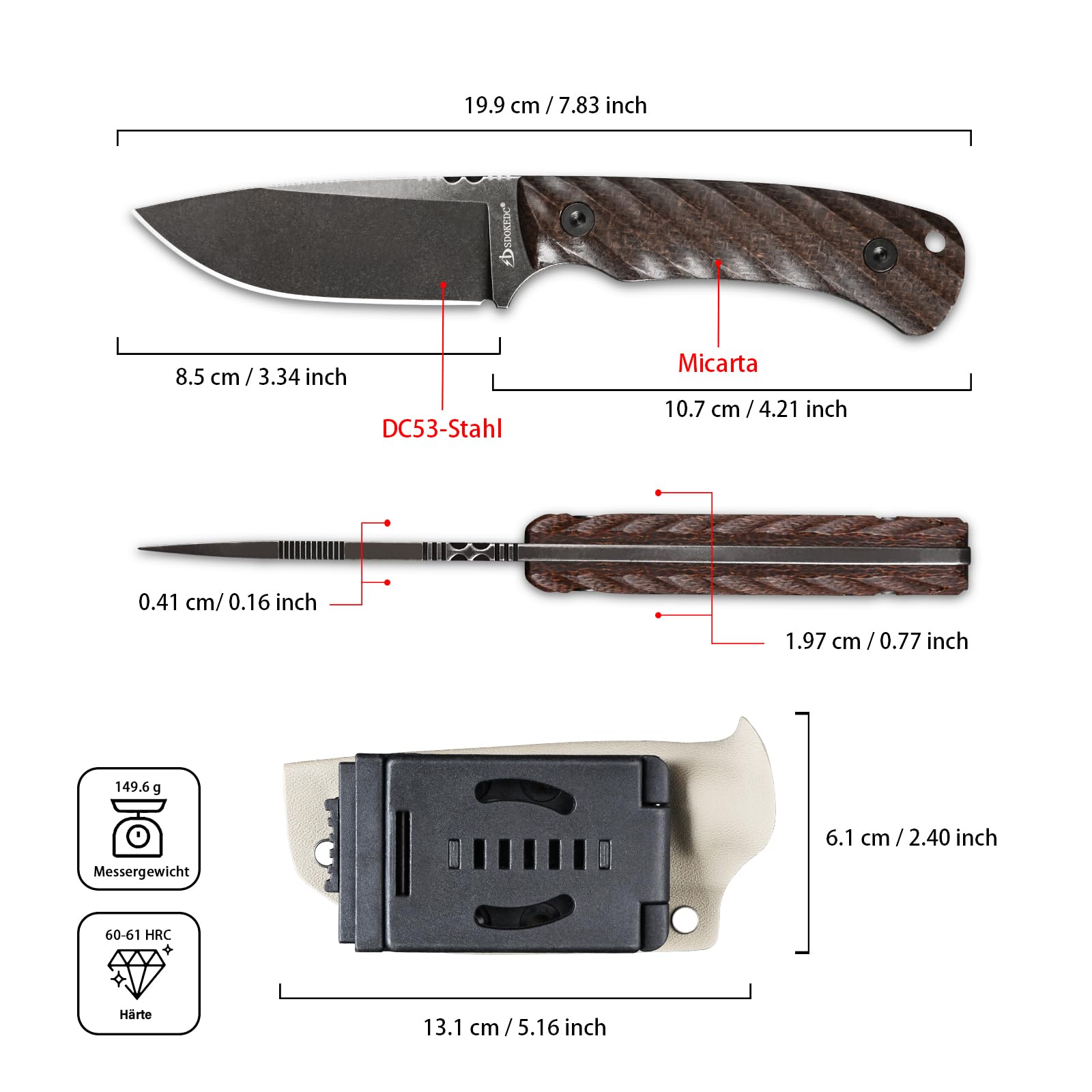 DC53 Stahl messer Feststehende Klinge Micarta Griff mit Kydex Scheide für Männer Outdoor Camping EDC Survival Jagdmesser (Schwarz + rutschfester Micarta Griff)