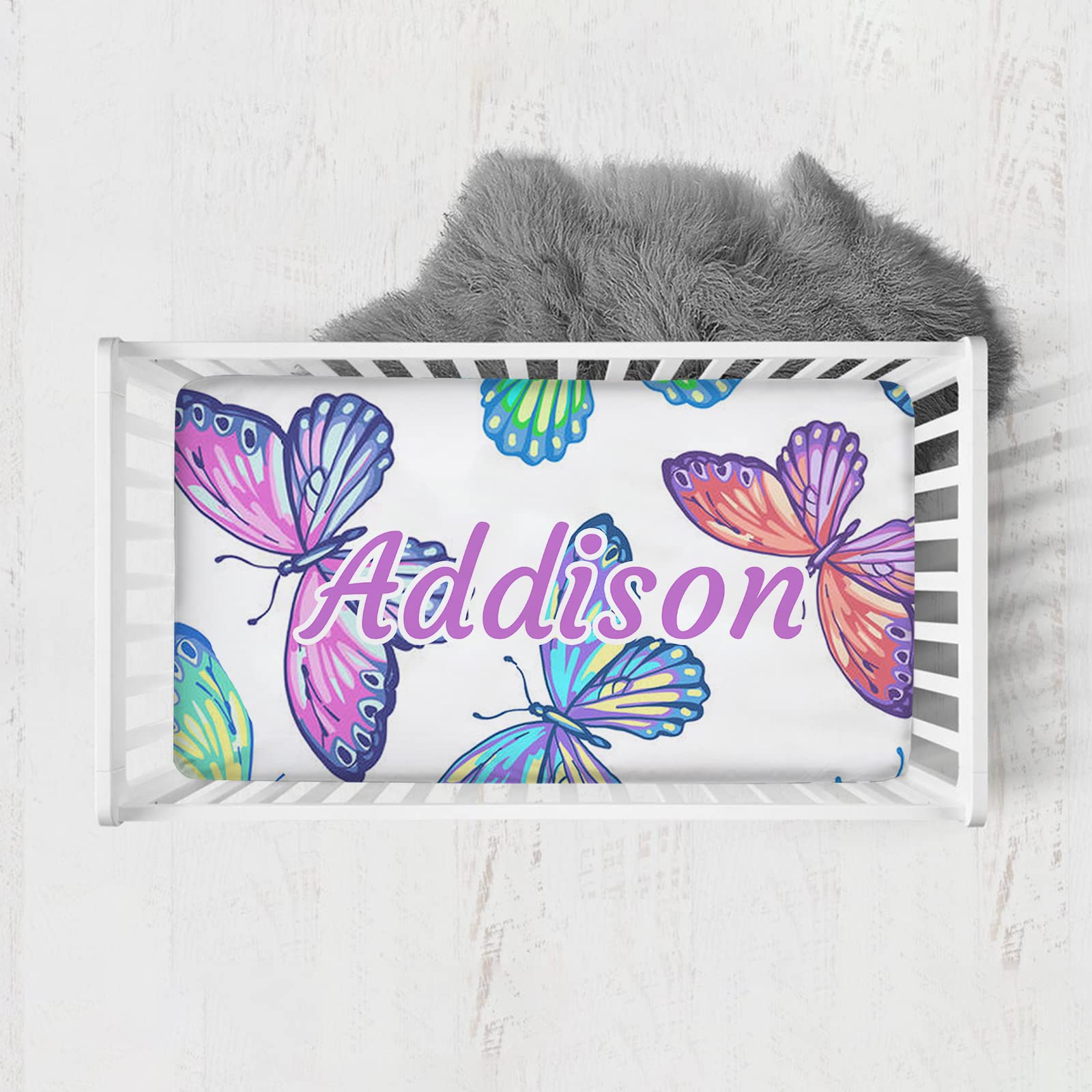 Munific Colorful Butterfly Baby Crib Sheet - Personalized Fitted Bedding With Name, Custom Pack and Play Sheets for Boys Girls, Mini Crib Mattress