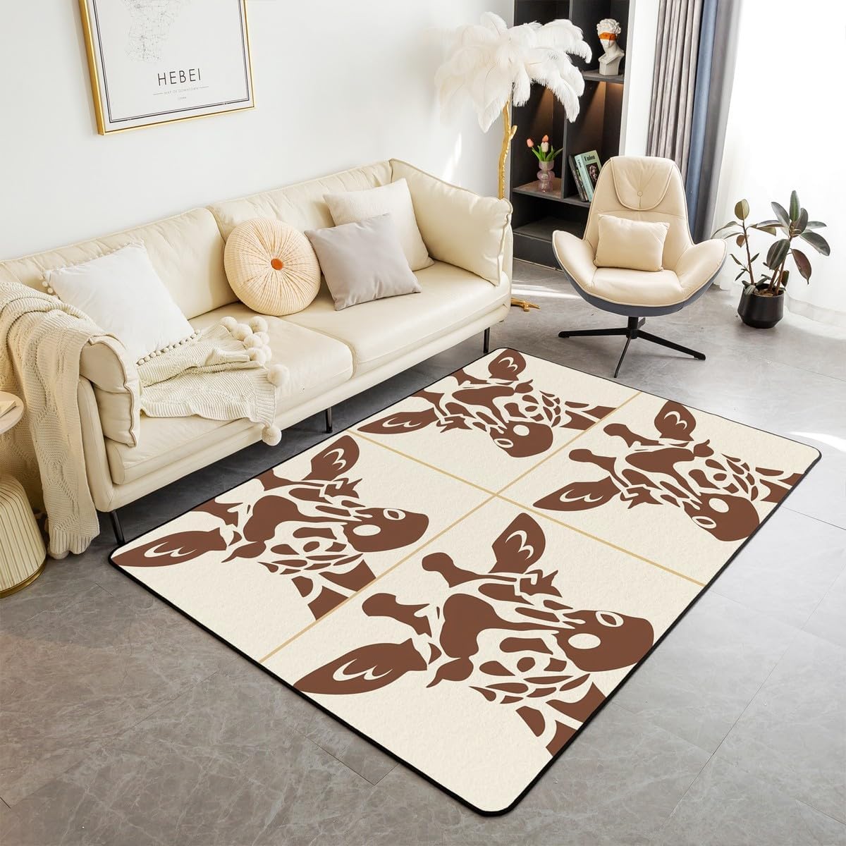 Tapis antidérapant girafe 3D grand format en velours pour salon