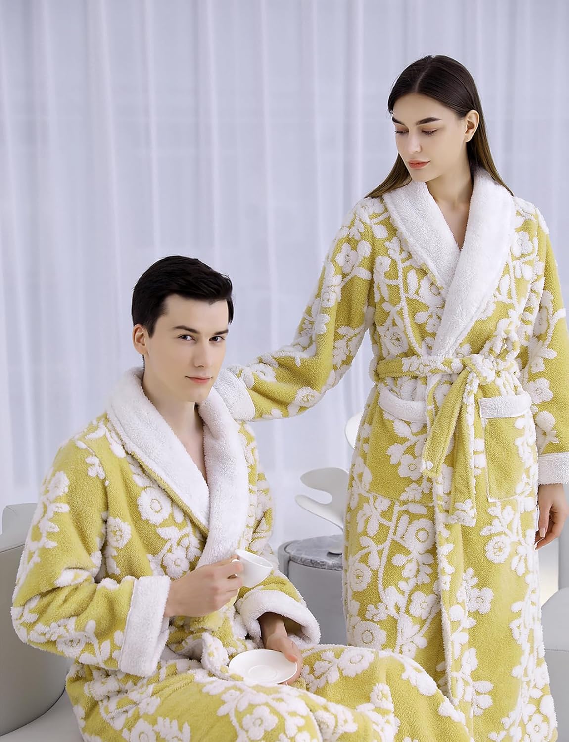 Women's Sherpa Fleece Chenille Robes Long Warm Plush Luxury Bathrobe Fuzzy Thicken Housecoat Jacquard Pattern - Image 2