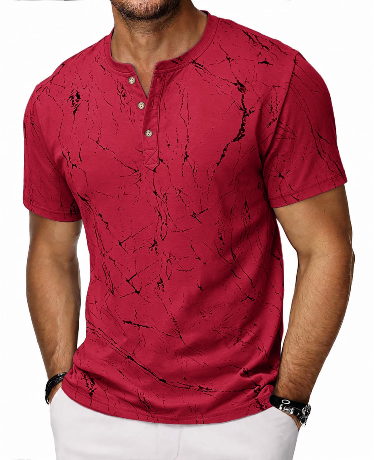 HMIYA Hemd Herren 100% Baumwolle Vintage Henley Shirt Kurzarm T-Shirts für Herren Sommerhemd Beiläufig Männer