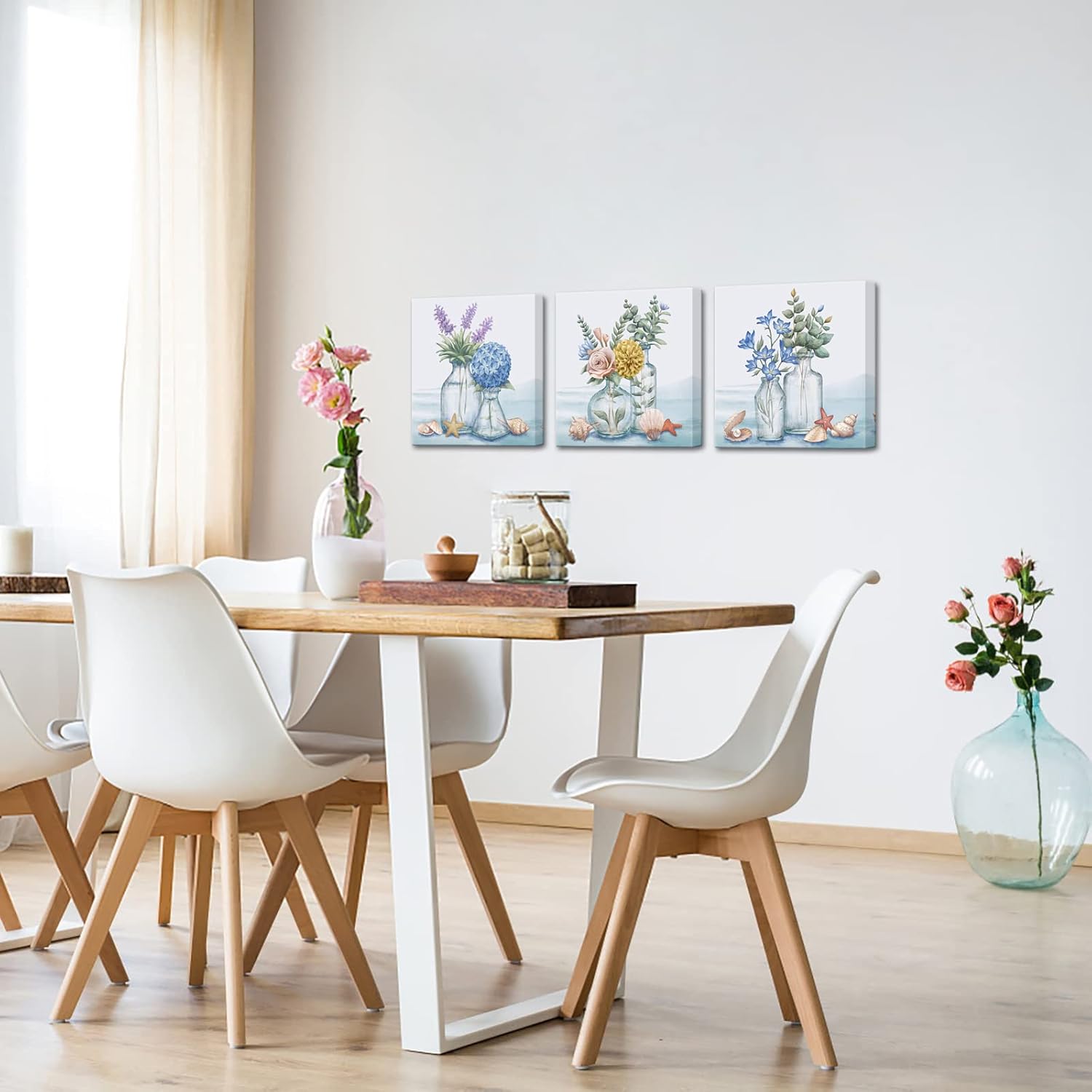 Biuteawal 3 Piece Floral Canvas Wall Art Vivid Flower Bouquet with Seashell Starfish Picture Print Blue Painting Still Life Artwork Home Bathroom Dining Room Decor Framed Ready to Hang