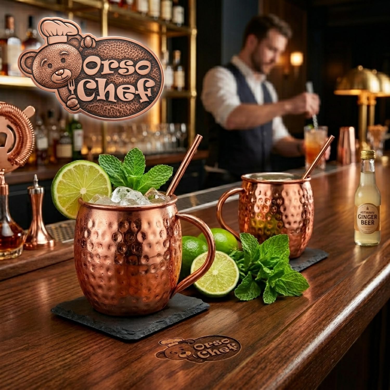 Set Completo Di 2 Bicchieri Cocktail Moscow Mule Rame, Accompagnati Da Cannucce, Sottobicchieri Acquistando In Omaggio Esclusivo E-book Con Ricette E Suggerimenti Per Cocktail