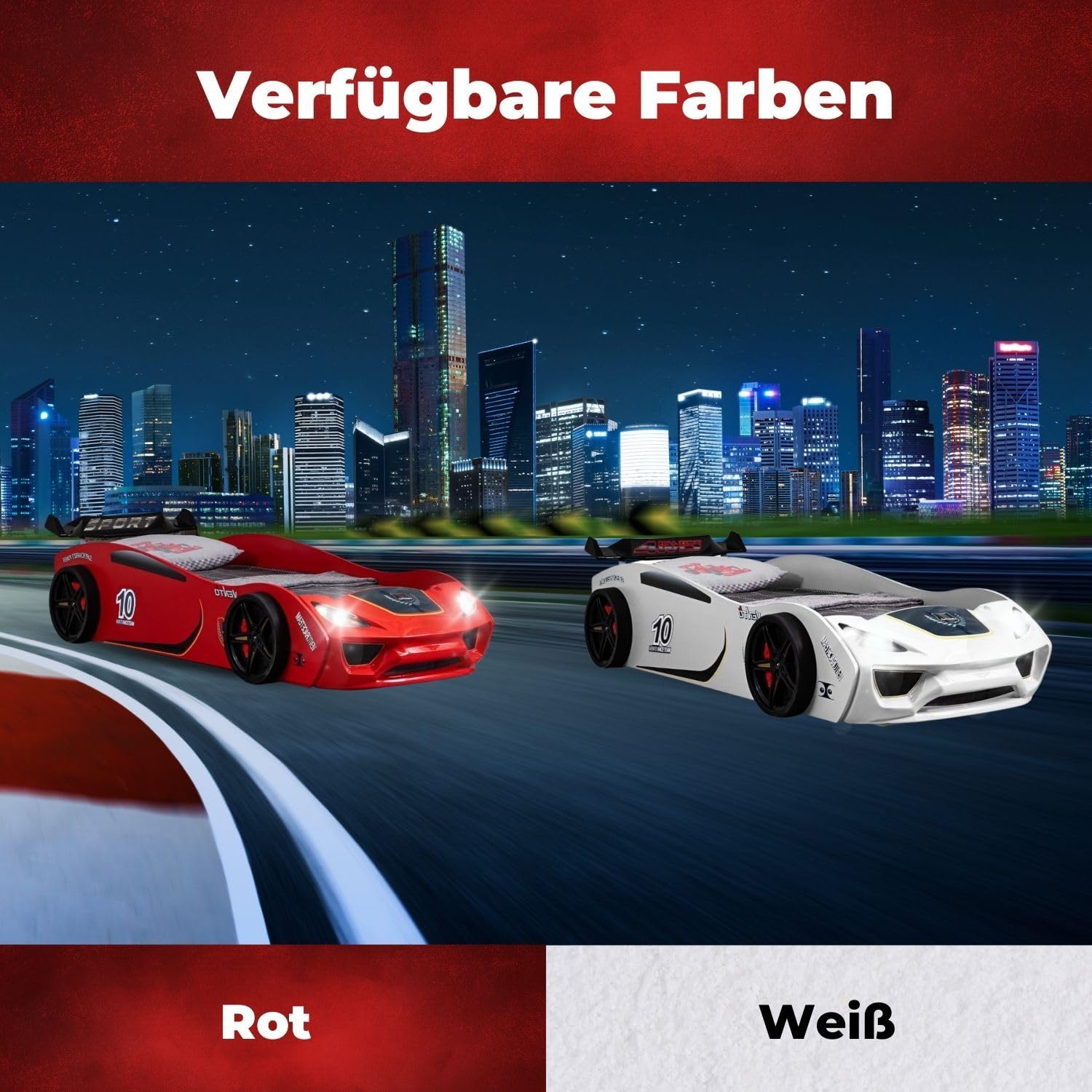 Coemo Autobett Vento Kinderbett 90x200 cm im Rennwagen-Design, Rot | Autobett mit Lattenrost, aufwändig gearbeitete Front mit glänzender Oberfläche, detailgetreue Motive, sportlicher Heckspoiler