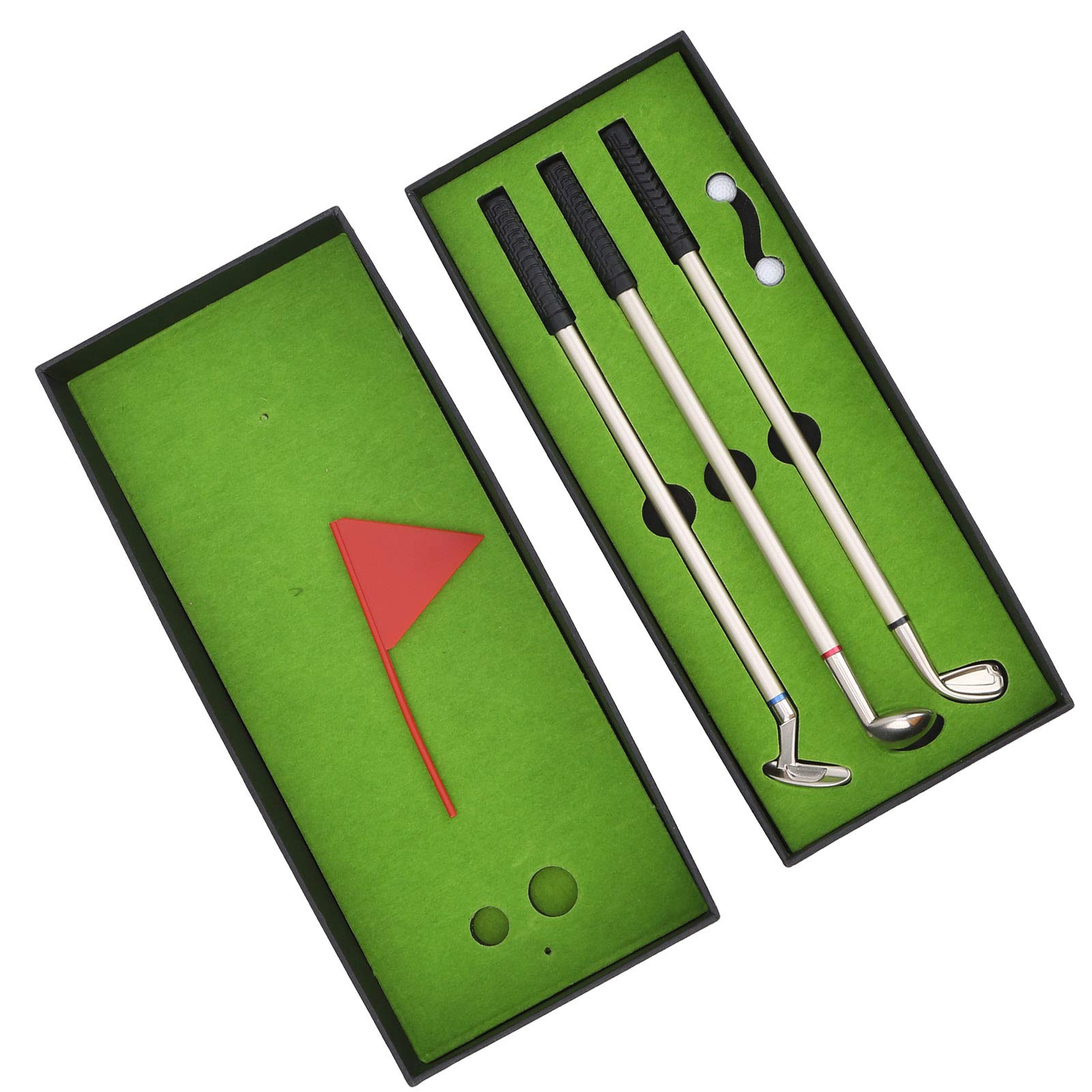 equlup GOF Gift Golf Pen Set,Desktop Goft Mini Green Driving Range with Golf Club Pens Balls and Flag Golf Ball Club Pen
