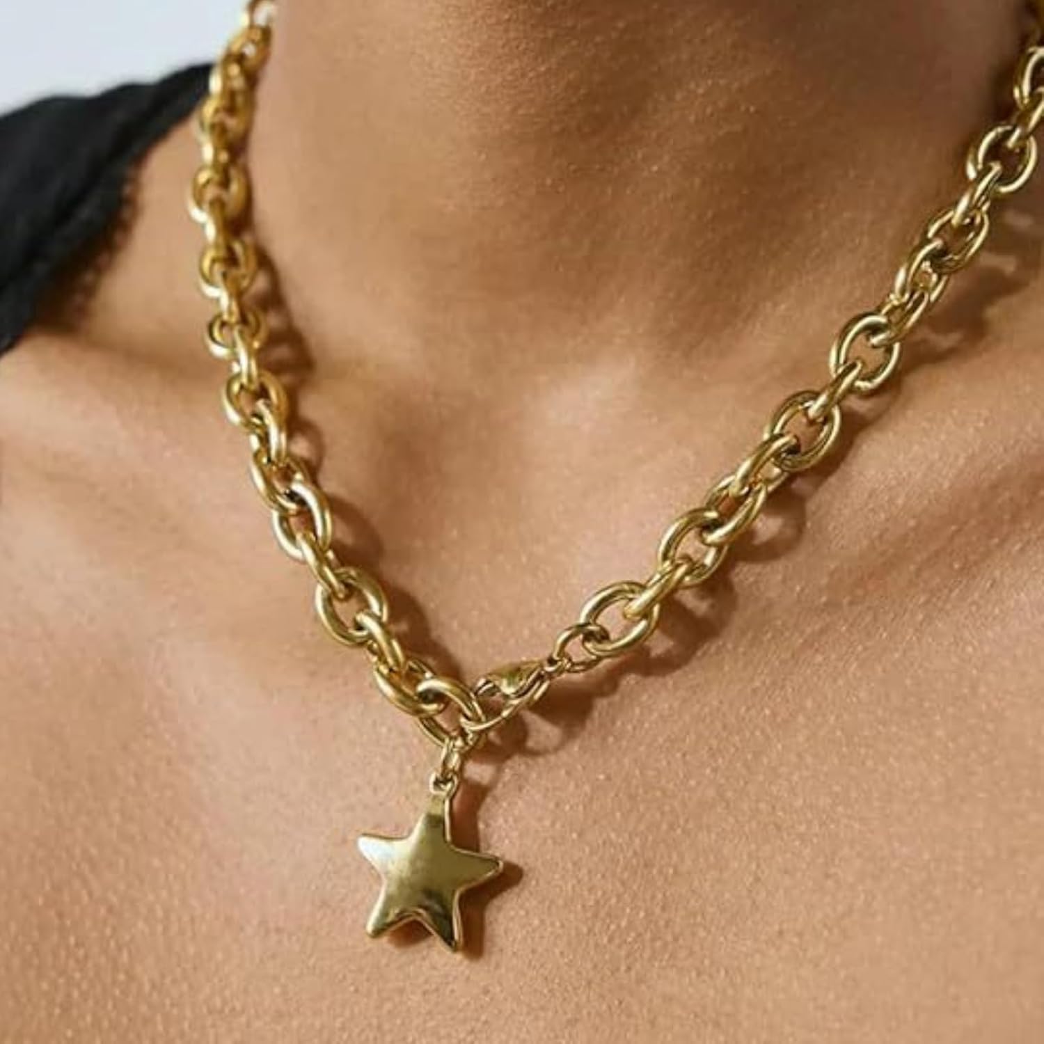 Frodete Chunky Gold Necklace Star Pendant for Women Statement Chain Jewelry Trendy Layered Necklaces Gold Star Necklace Fashion Gift - Image 2
