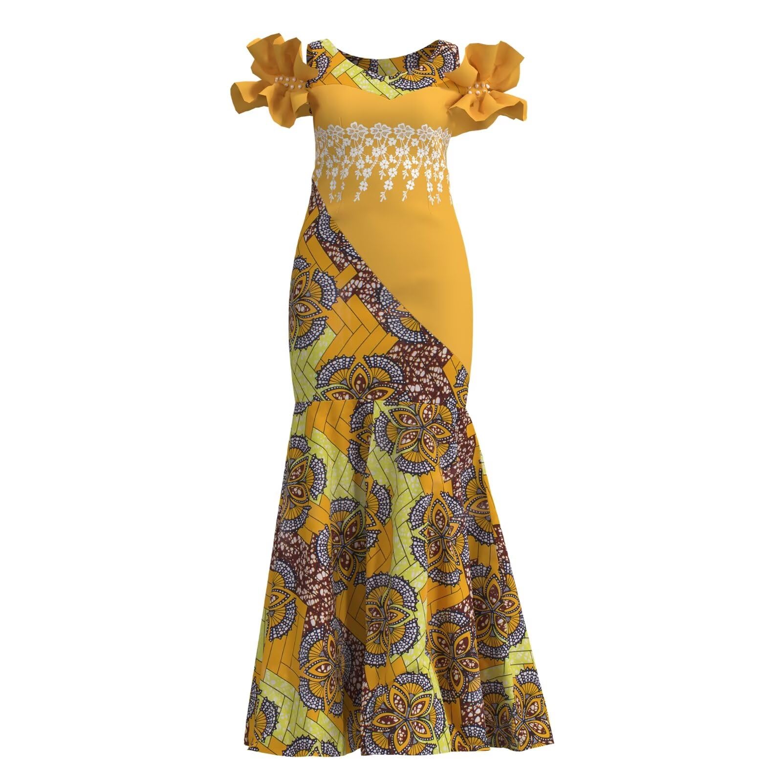 Iooiooi Women's Elegant Ankara Maxi Mermaid Dress – African Print Gown With Lace Decor, Yellow/Orange/Multicolor - View #2