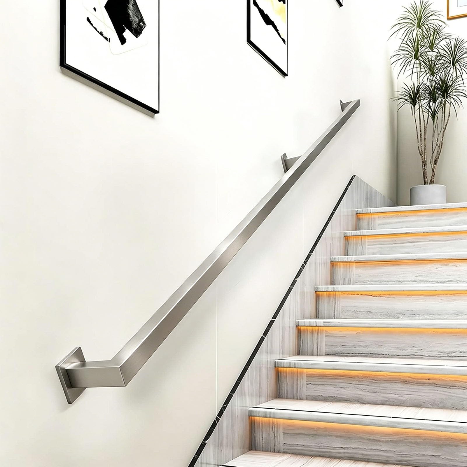 Junvstor 1-20FT Stair Railing Indoor, Square Tube Staircase Handrail, 500lbs Load Capacity, Wall Mounted Outdoor Railing, Industrial Hand Rails For Indoor Stairs, Bathroom, Loft(11ft/330cm)