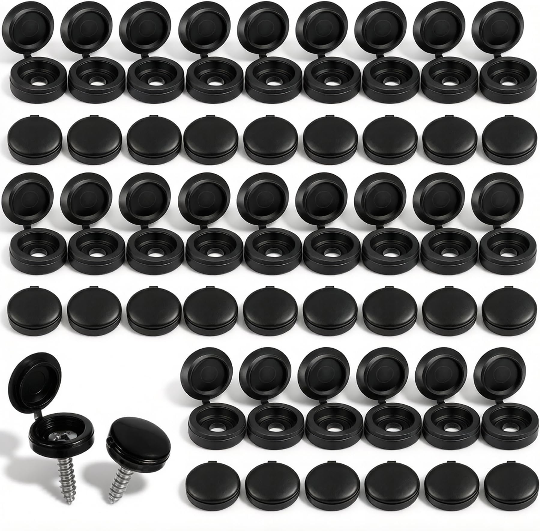 – 100 Pack Black Hinged Flip‑Top Screw Cover Caps, Snap‑On Washers for Shutters, Furniture & Electronics Hardware Protection