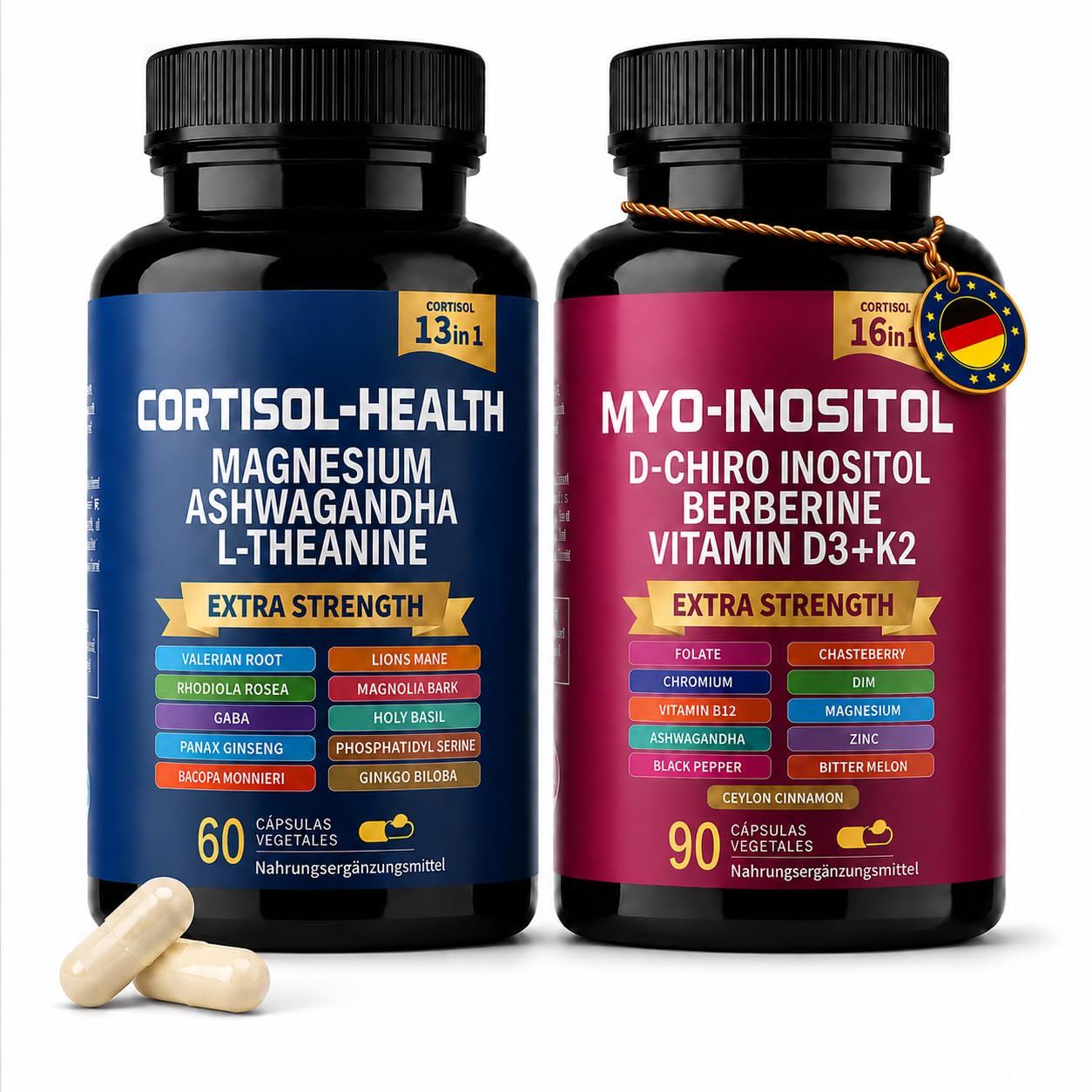 Cortisol Kapseln + Myo Inositol - Komplex,Cortisol Senken abnehmen mit L-Theanin,Ashwagandha, Magnesiumglycinat & Vitamin D3,Weniger Stress, mehr Konzentration, gesunde Eierstöcke