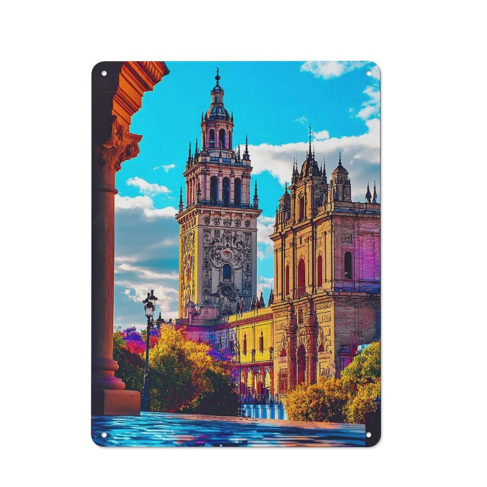 Junmoney Seville Cathedral And Giralda Tower Rustic Tin Sign 40X30cm Featuring For Living Room Wall, For Metal Sign Collectors, For Garage And Workshop Walls
