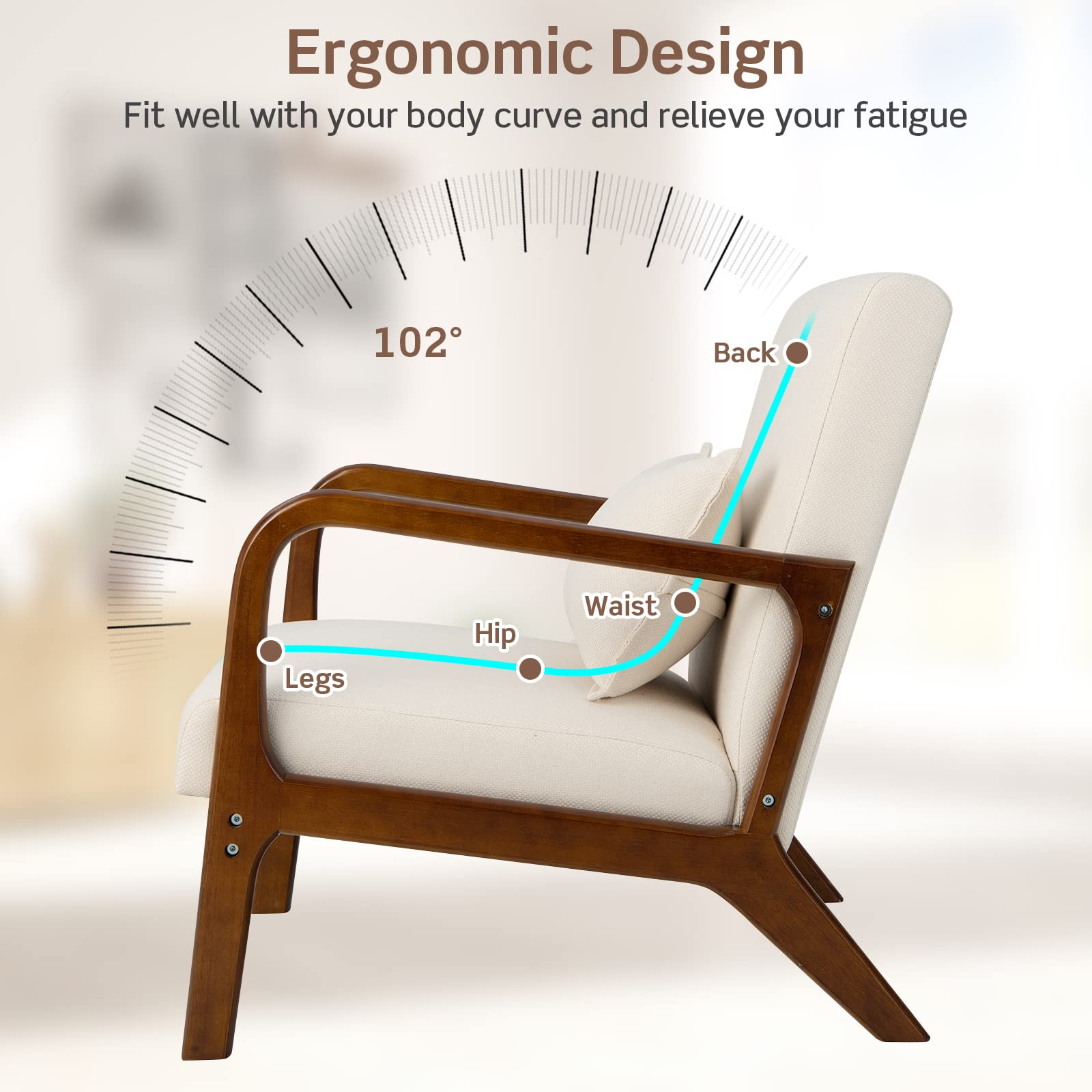 FANTASK Sessel, Modern Einzelsofa Holz mit Armlehnen, Loungesessel gepolstert für Wohnzimmer, Schlafzimmer, 65 x 79 x 77 cm, Beige