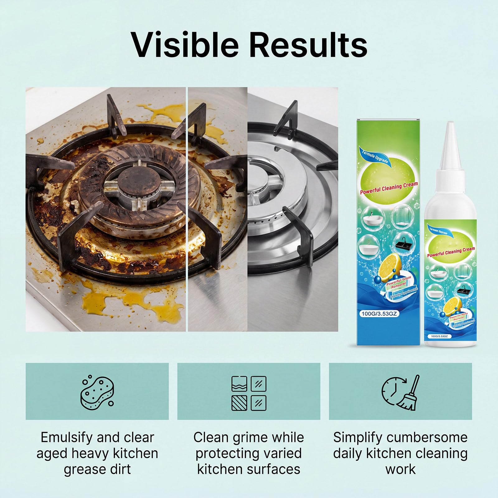 Limpiador de cocina y desengrasante para cocina, horno, campana extractora y freidora de aire caliente, crema limpiadora altamente eficaz para eliminar manchas de aceite en diferentes superficies, 100