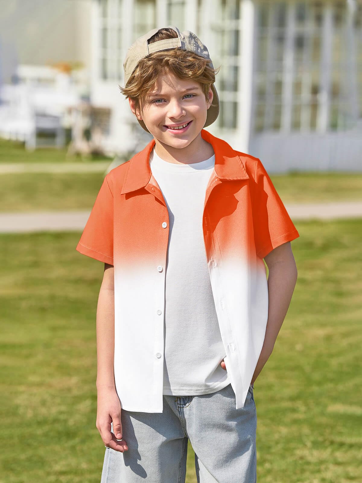 Haloumoning Camicia a maniche corte con bottoni, per bambini, estiva, casual, da spiaggia, hawaiana, 5-14 anni