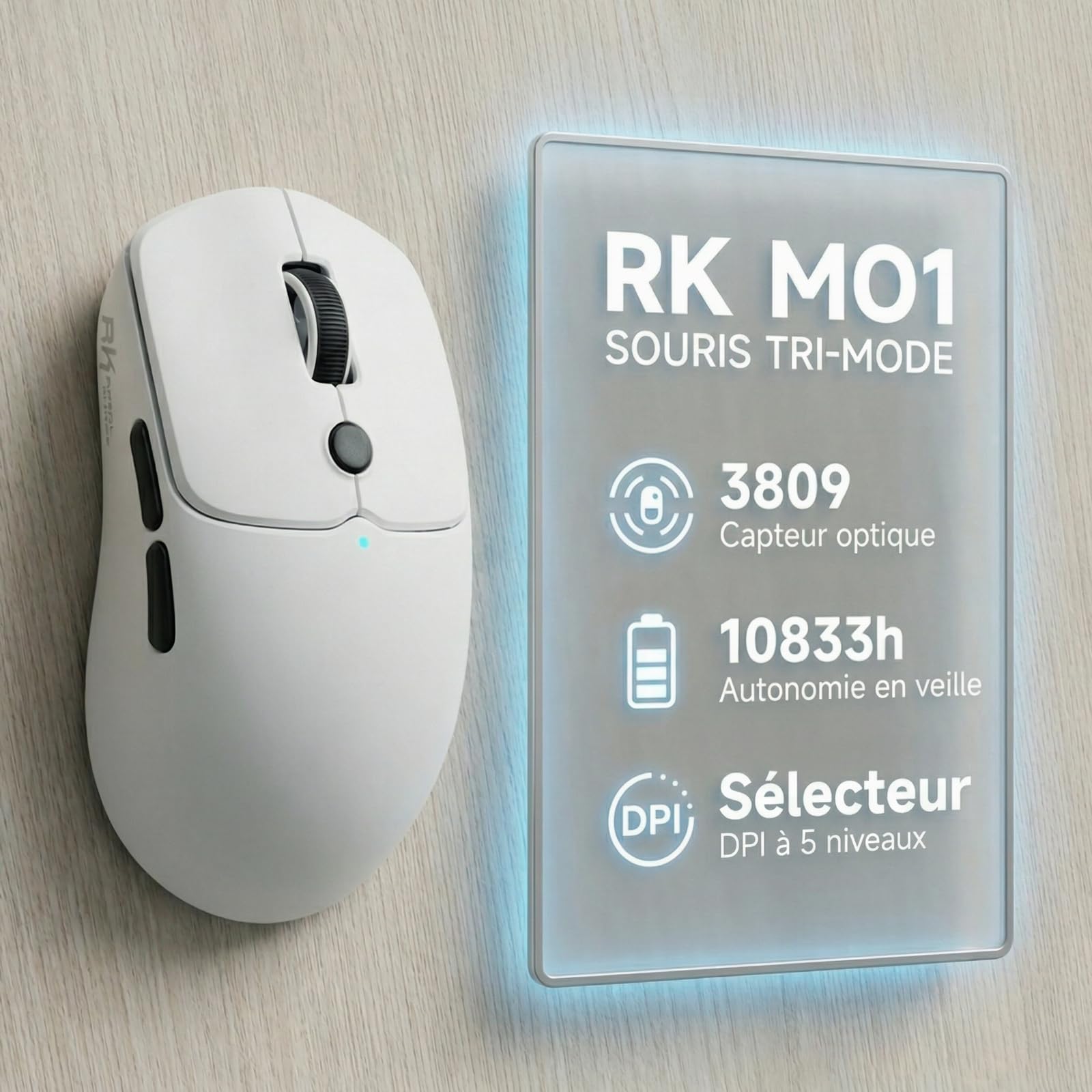 RK ROYAL KLUDGE MO1 Souris Gamer, Ultra-Légère 51g, 6 Boutons Programmables, Connexion 2.4GHz/Bluetooth/Filaire, Capteur Optique 6000 DPI, Blanc