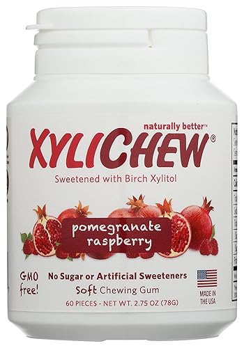 Xylichew Goma de mascar suave de granada y frambuesa, sin azúcar, sin edulcorante artificial, 60 unidades (paquete de 4)