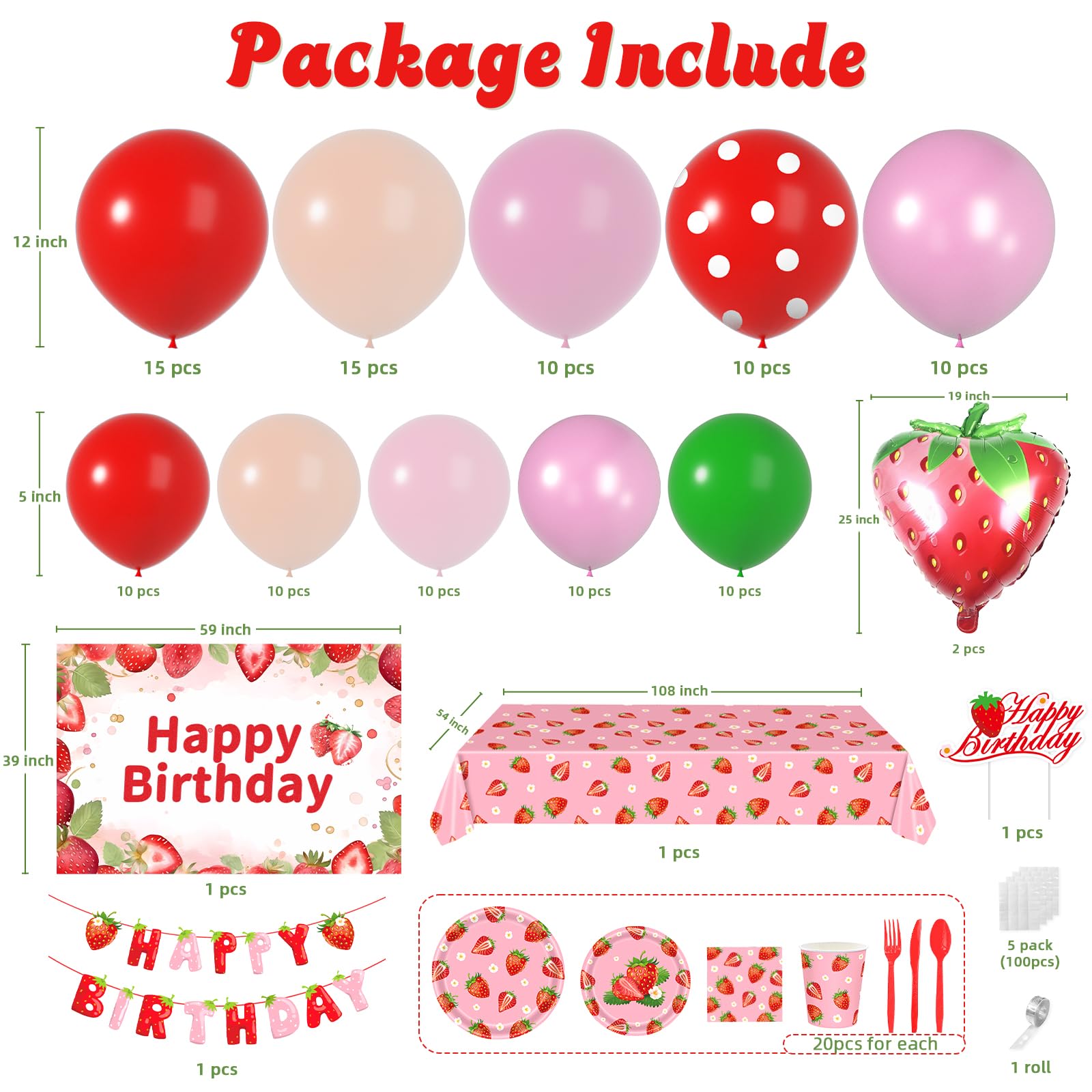 Strawberry Birthday Decorations - Berry Theme Birthday Party Supplies of Strawberry Balloon Arch Kit Different Sizes 5 12 In Red and Pink Balloons with Strawberry Balloons, Backdrop, Berry Table Sets