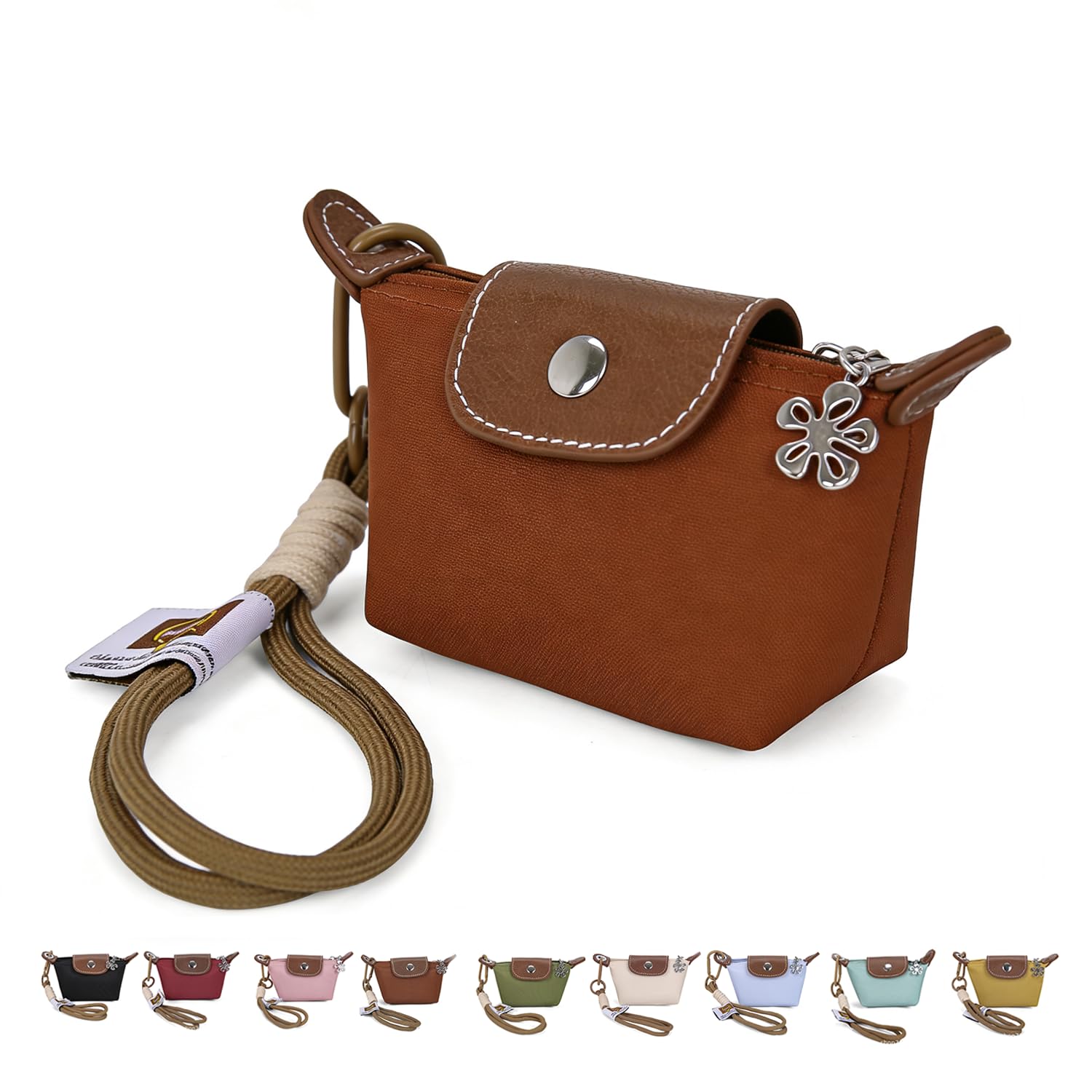 Fashion Mini Coin Purse for Women, Nylon Change Purse Zipper Wallet with Keychain for Cards, Cash, and Coins (Brown)