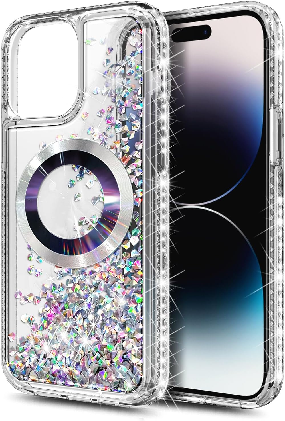 Designed for iPhone 15 Pro Max Magnetic Case Compatible with MagSafe, Tempered Glass Screen Protector/Camera Lens Protector/Wrist Strap Lanyard, Glitter Floating Liquid Cute Case (Diamond) - Image 2