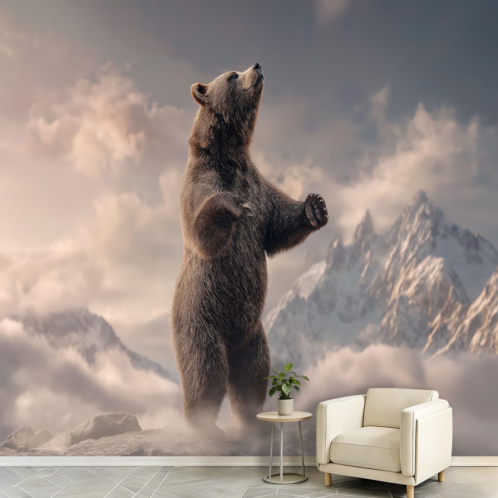 Fototapeta – naturalny krajobraz 200 x 140 cm – obraz ścienny z włókniny – tapeta na flizelinie – tapeta ścienna do sypialni, salonu – zwierzę, niedźwiedź brunatny, góry śnieżne, mgła