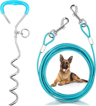 Supet Dog Tie Out Cable and Stake, Heavy Duty Runner with 32/16/10 FT Lead, Long Leash/Tether for Camping Backyard Outdoor Ground, Chain for Medium Large Dogs up to 125lbs 10FT