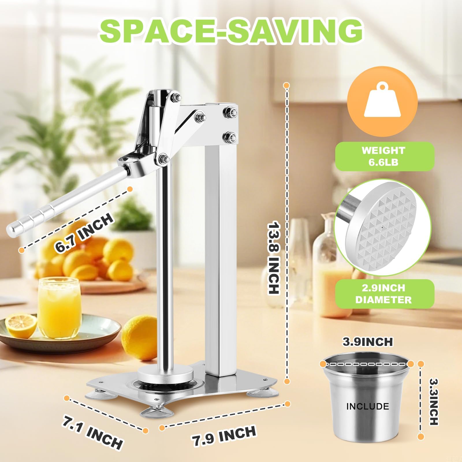 Spremiagrumi in ghisa resistente, con tazza in acciaio inox, spremitura rapida in 3-5 secondi, facile da pulire, ideale per uso domestico e bar