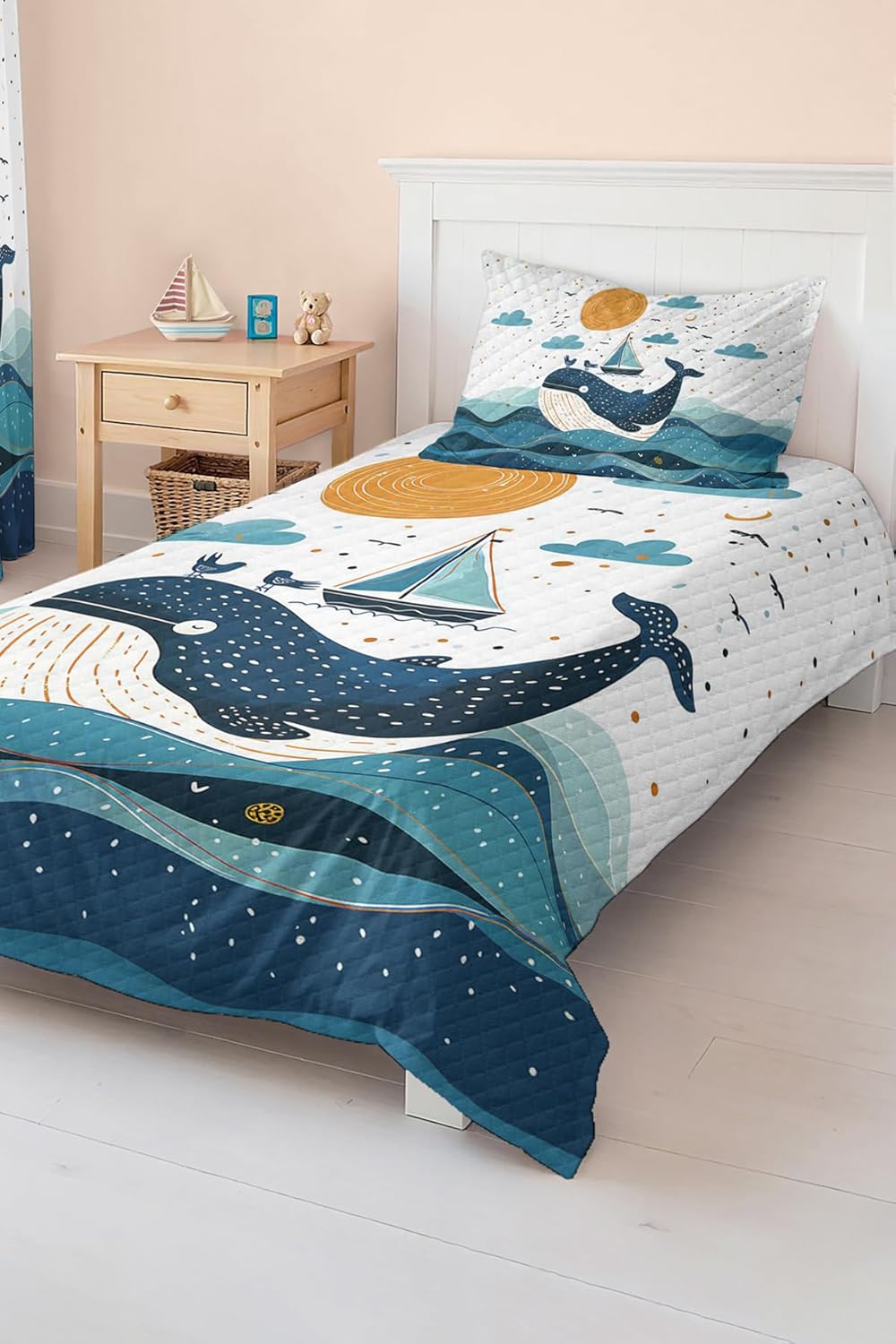 SODEF Quilt Set Twin Size Sea Creatures Pattern Blue Kids Room Bedding Coverlet Lightweight Breathable Cotton Polyester Blend 2 Piece Set - Blue, One Size