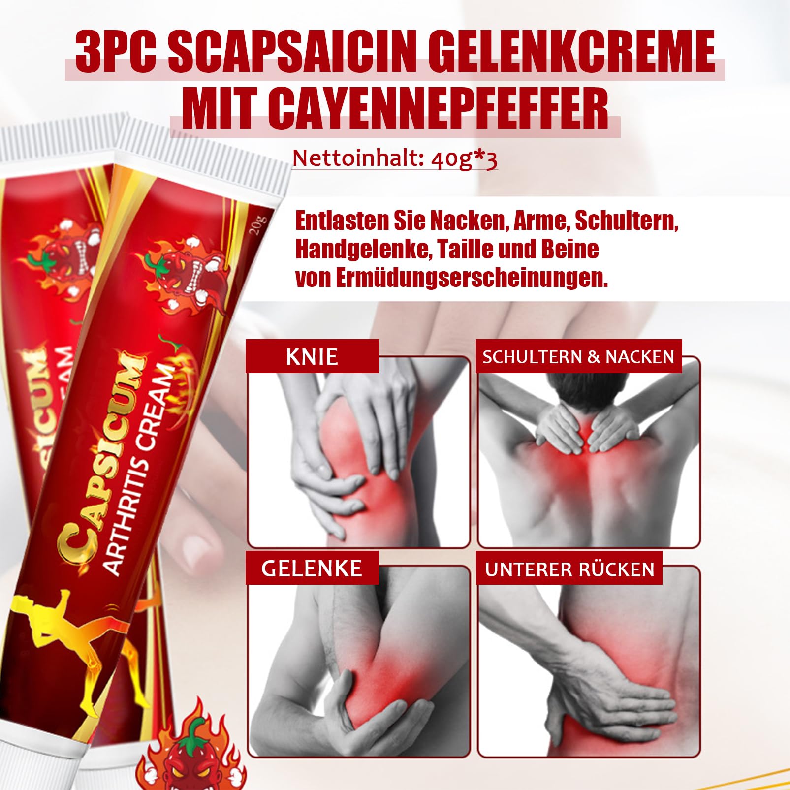 Capsaicin - Crema articolare con pepe di Caienna, 3 pezzi, peperoncino, crema riscaldante per la schiena, le ginocchia, il collo, la cura naturale delle articolazioni, il nourishment, lenitivo per