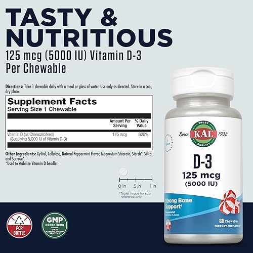 Miniatura 3 de KAL Vitamina D3 5000 UI 125 mcg, masticables de vitamina D de alta potencia, absorción de calcio, suplemento de apoyo para la salud ósea y el