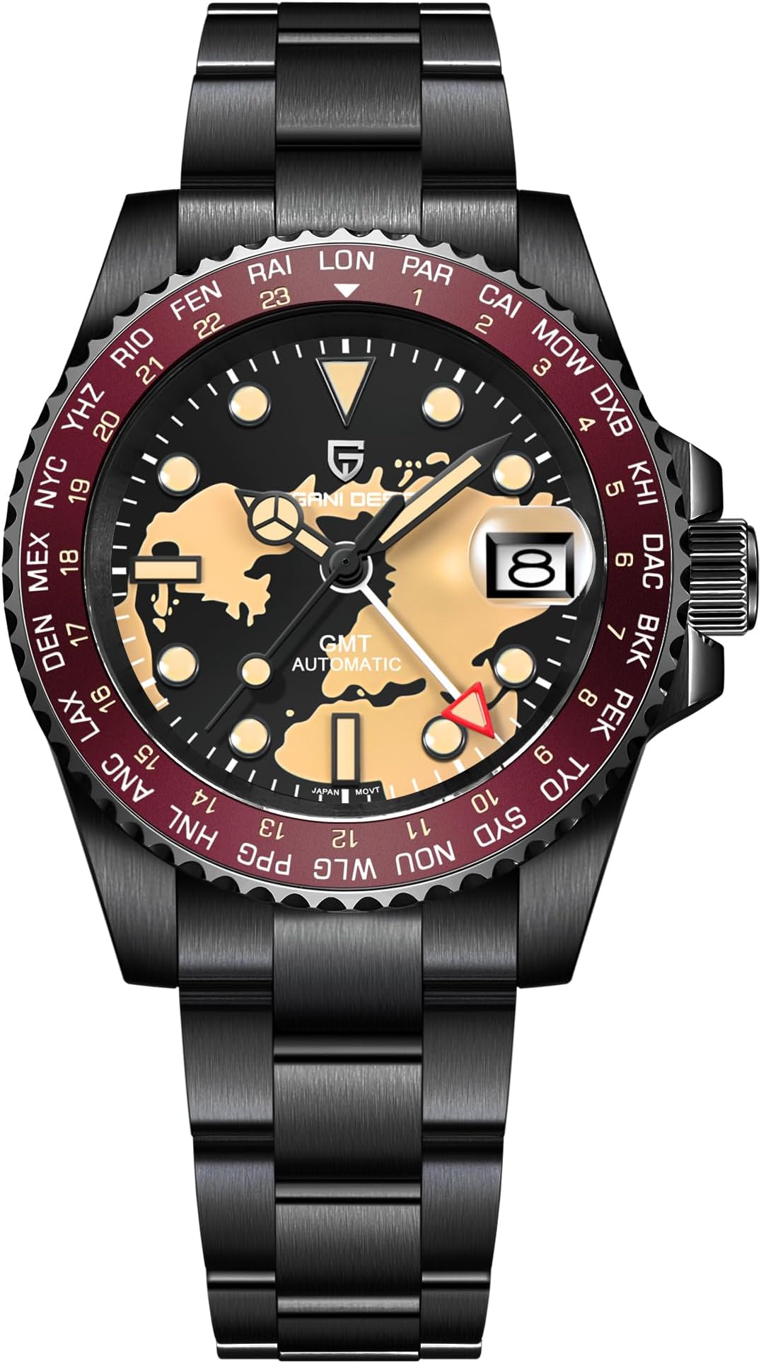 Pagani Men's Watch Automatic GMT TMI NH34 PD1758 Japan Movement Sapphire Glass AR+AF Waterproof Watch, Black Shell Red Map, Minimalist