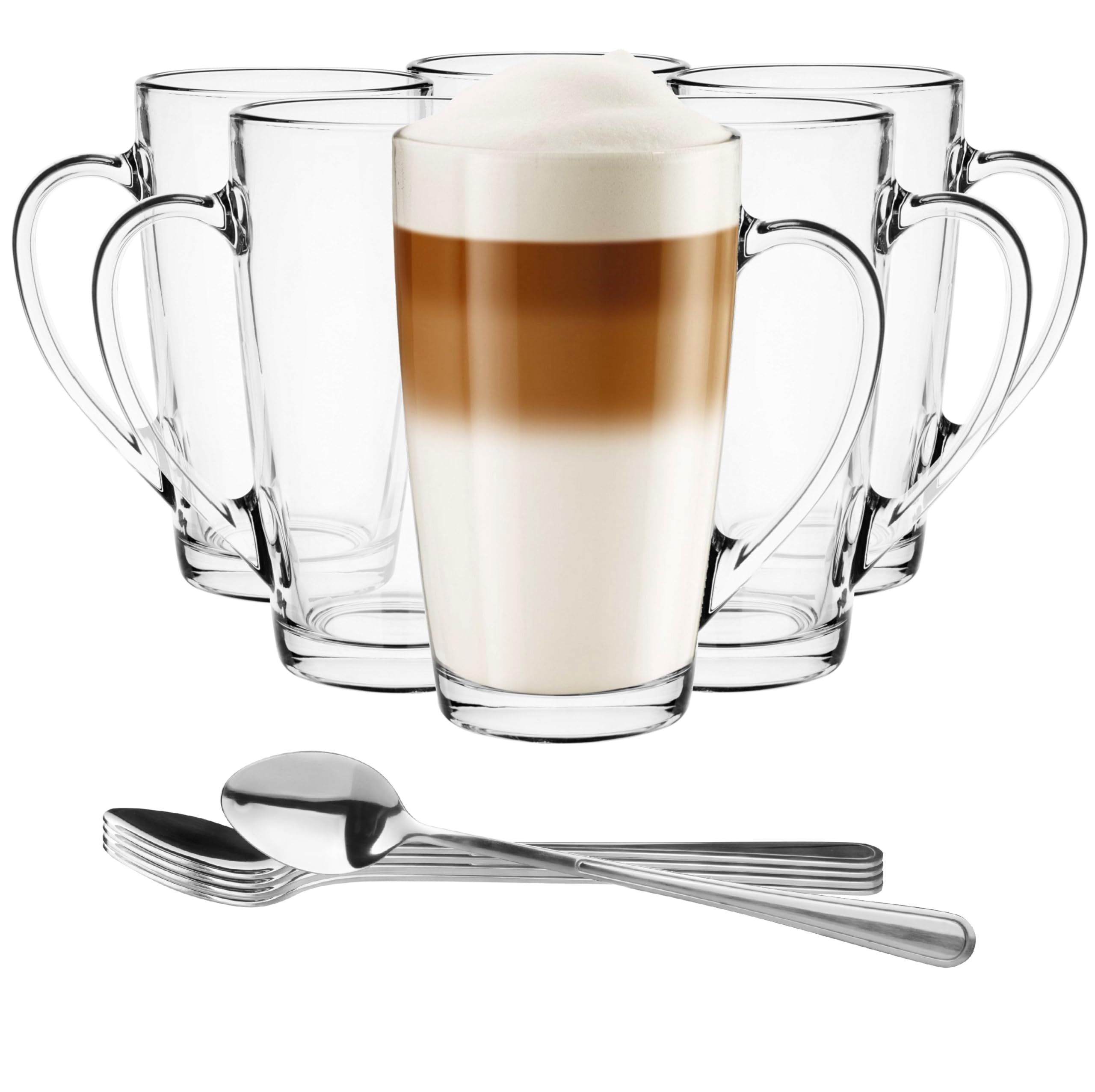 Glasmark KROSNO 1992 Latte Macchiato Glasses Set of 6 400ml Thermoglasses Transparent Glass Tea Glasses Cappuccino Iced Tea with Handle and Spoon