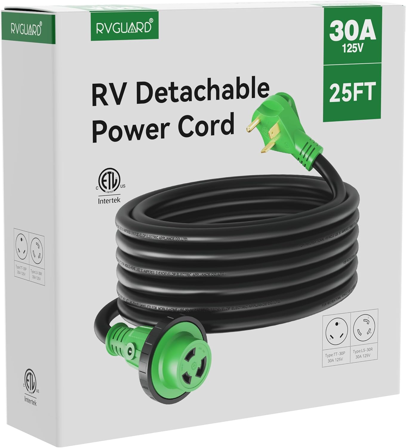 RVGUARD 30 Amp 25 Foot RV Power Extension Cord, Heavy Duty STW Cord with LED Power Indicator and Cord Organizer, 30 Amp Male Standard to 30 Amp Female Locking Connector, Green, ETL Listed