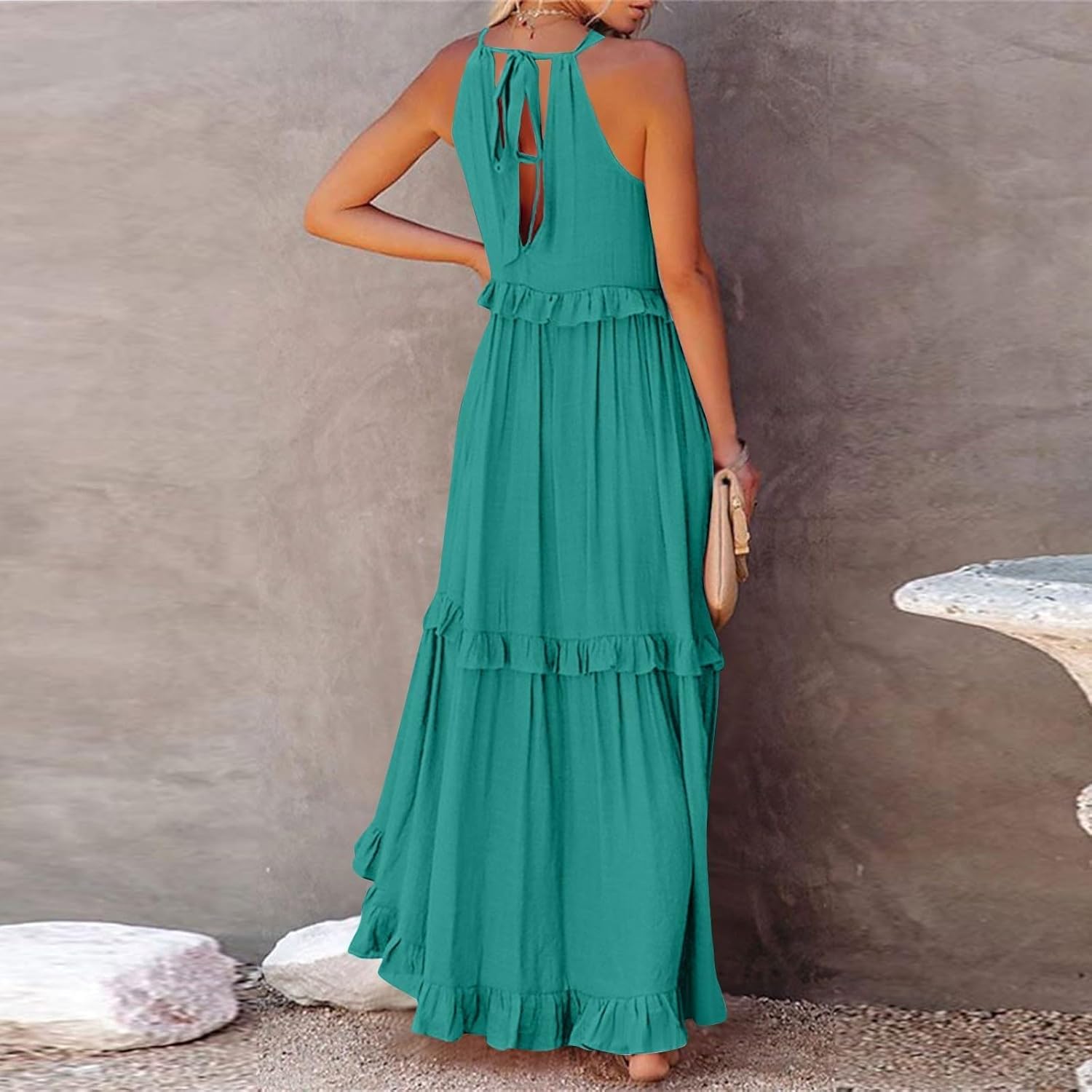 Boho Halter Maxi Dresses for Women Sleeveless Ruffle Vacation Beach Flowy Dress Summer Party Boho Maxi Dress - Image 3