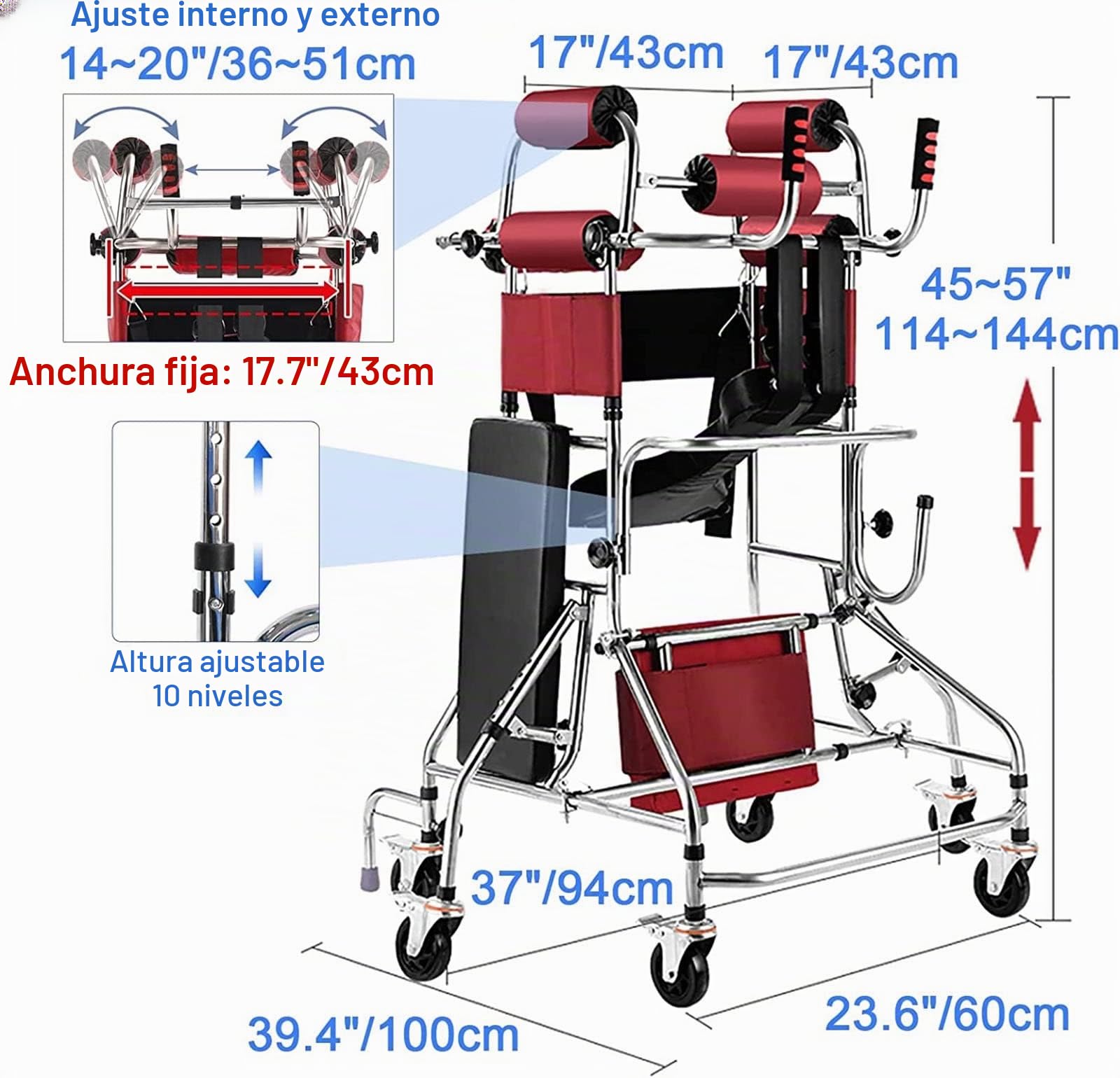 Andador vertical con asiento, ajuste de altura y andador de 8 ruedas para personas mayores, rehabilitación de hemiplejia, ayuda portátil para caminar para adultos