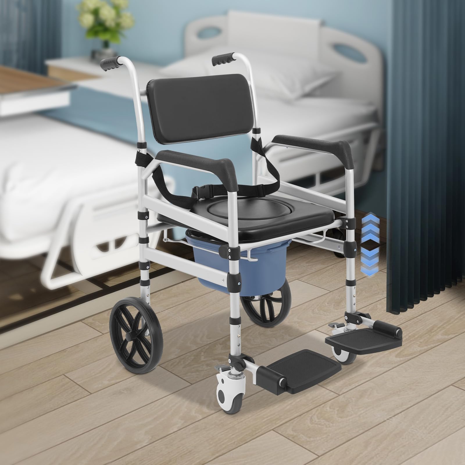 Sedia WC per anziani, pieghevole, stabile, con ruote e cintura di sicurezza, regolabile in altezza, capacità di carico 150 kg, per malati, anziani, disabili, incinte