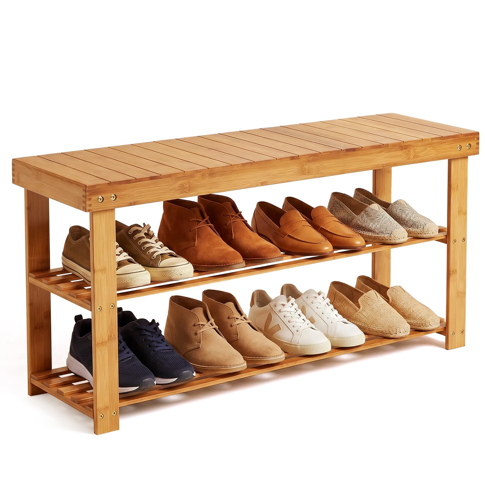 Hododou Shoe Rack 2 Tier Shoe Storage Bench Wooden Shoe Rack with Seat for Hallway Entryway Living Room Bedroom, 90 x 27 x 42cm, Natural Bamboo, Max Load Capacity up to 100KG