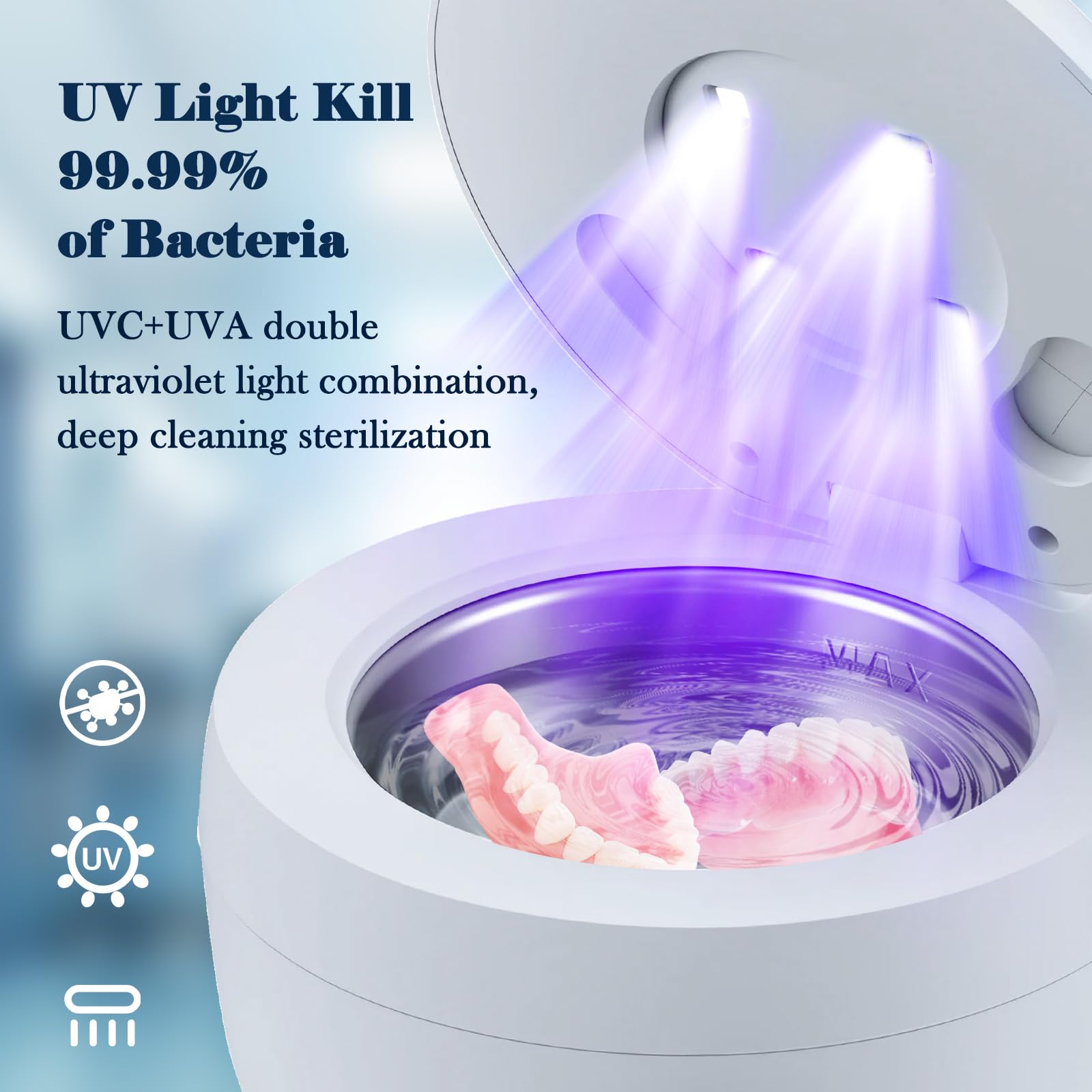45000Hz Ultrasonic Cleaner Nettoyeur Ultrasons, 200ML Dental Pod, 25W Nettoyant Ultrason avec 4 UV Lampe, 4 Modes pour Prothèses Dentaires, Gouttière Dentaire, Retainer, Bijoux, tête de brosse