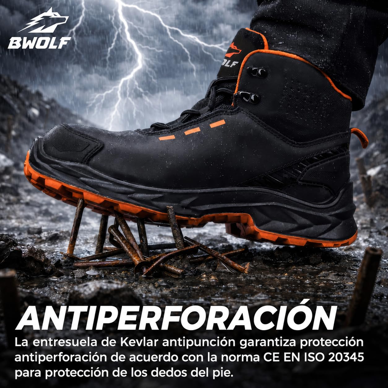 BWOLF FALCON HI S3S Zapatos de trabajo para hombre - Piel lisa negra con puntera de aluminio, entresuela Kevlar, protección ESD