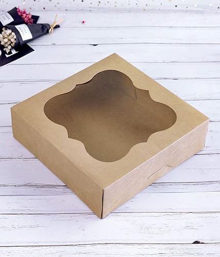 Miniatura 8 de CHERRY Paquete de 15 cajas de panadería marrones de 10 x 10 x 3 pulgadas con ventana de PVC para tartas y galletas, caja pequeña de papel kraft