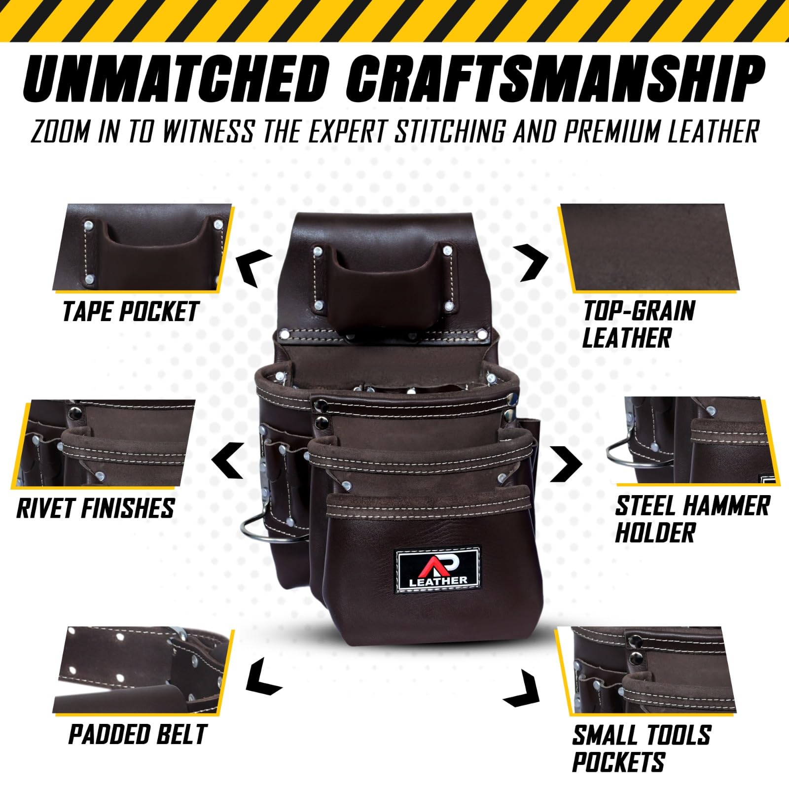 Pro-015 Leder-Werkzeugtasche für den Bau, robuster Hammerhalter, Schnalle, 3 Taschen, groß mit Gürtel, 12 kleine Taschen, Werkzeug-Organizer